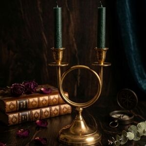 Vintage Solid Brass French Horn Double Candlestick Holder 11" Mid-Century Decor